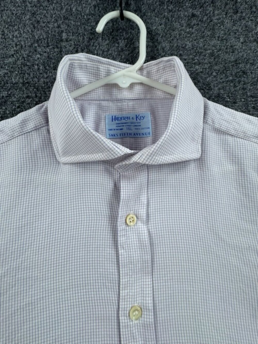 Hilditch Key Check England Men 16 White Long Sleeve All Cotton Button Up Shirt